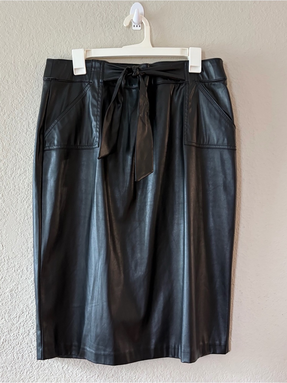 Soho Apparel Black Faux Leather Pencil Skirt with Tie Waist